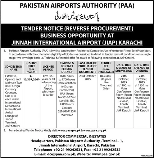 Pakistan Airport Authority Karachi Tender Notice